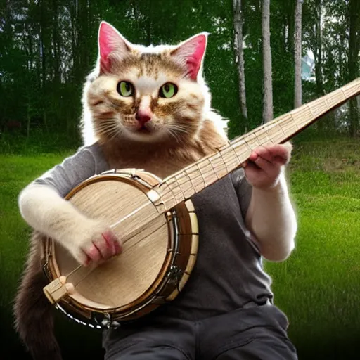 Prompt: redneck cat playing banjo, 8 k, movie still,