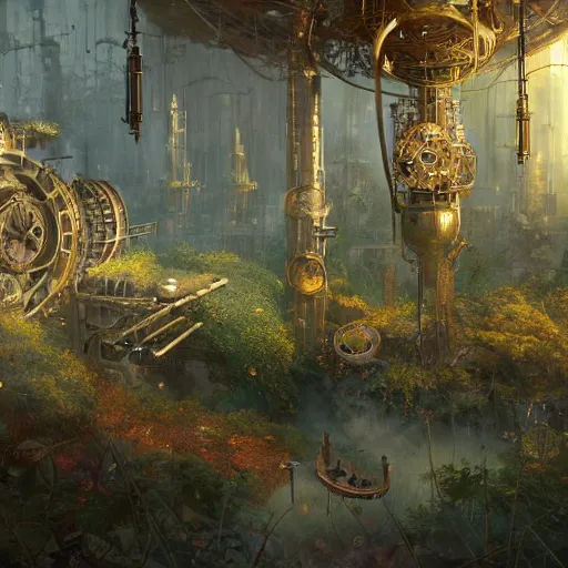 Prompt: a ultradetailed beautiful concept art of the core of a intricate steampunk machine where vegetation have start to peacefully grow in harmony with the machine, dynamic lighting, cinematic lighting, magical atmosphere, concept art, high resolution 4 k, by tom bagshaw, greg rutkowski, charlie bowater and artgeem