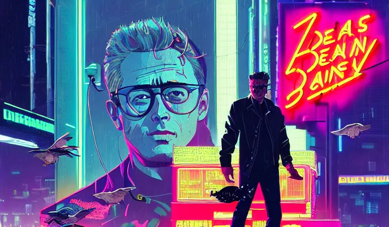 Prompt: James Dean as a cyborg feeding electric pigeons in front of a neon church, cyberpunk, neon noir, by Josan Gonzalez and Tomer Hanuka and Geof Darrow and Brad Rigney and Greg Rutkowski and Moebius,highly detailed, UHD, 8K, Ghost in the shell, Blade Runner, wet street, Trending on artstation, bokh, dof