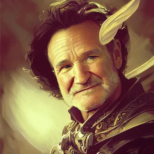 Prompt: robin williams as a rogue, d & d, fantasy, intricate, elegant, highly detailed, digital painting, artstation, concept art, matte, sharp focus, illustration, art by greg rutkowski and alphonse mucha