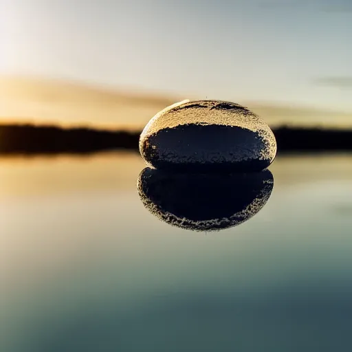 Image similar to 5 0 0 0 mm lens photo of a lime floating in a distant lake, sunset