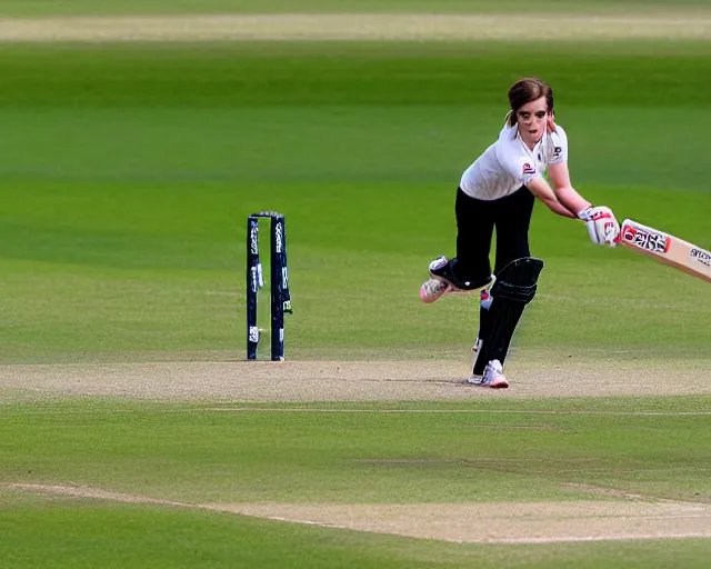 Prompt: emma watson opens the batting for england at lord's cricket ground, sports photography, close up, clear face