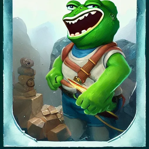 Image similar to super rich happy pepe the miner, greg rutkowski, crystals