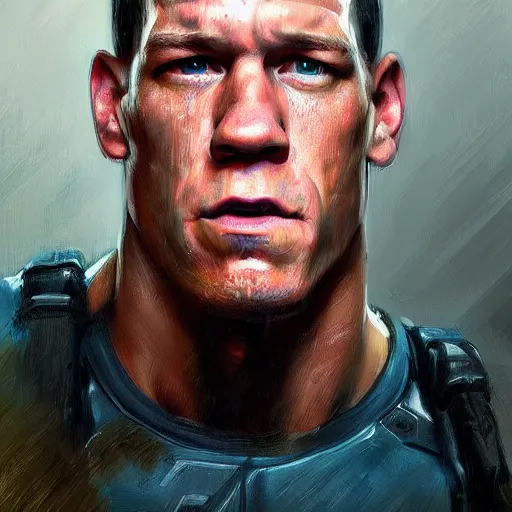 Prompt: A realistic hyperdetailed wide-shot digital oil portrait painting of an John cena in the style of Guy Denning, Ruan Jia, and Craig Mullins. Trending on ArtStation, DeviantArt, and Instagram. CGSociety Digital art. John cena.