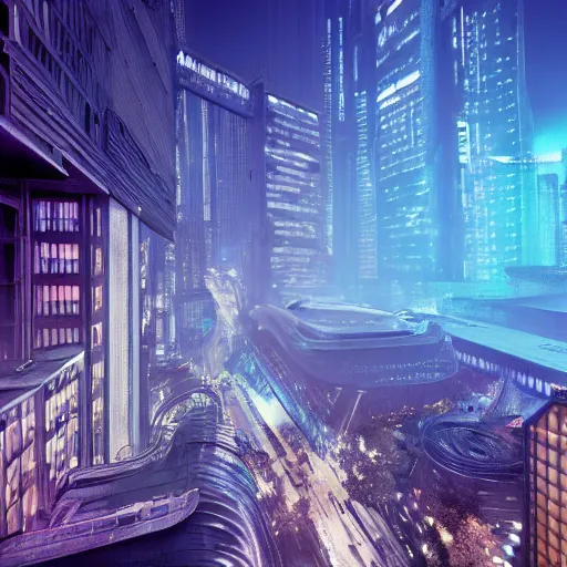 Prompt: blue whale flying through bladerunner cityscape, dense architecture, deep purple tones, building conglomerates, apartments, high detail, octane render, realistic