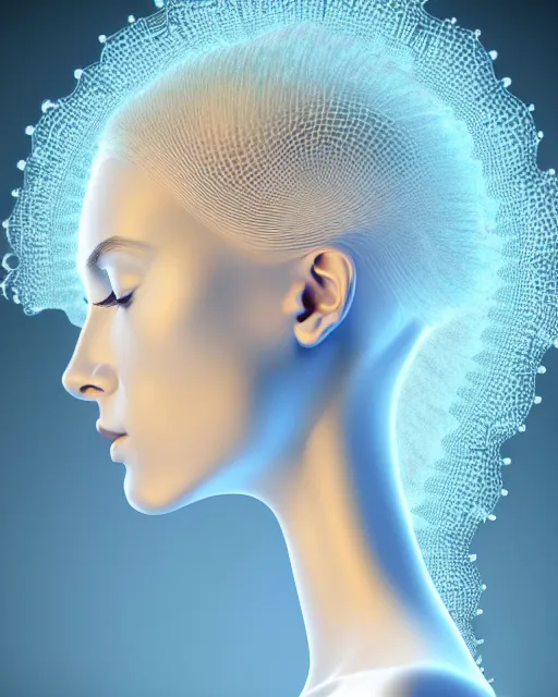 Prompt: 3D render of a beautiful profile face portrait of a young female angelic-extraterrestrial-cyborg face with a very long neck, big clear eyes, thin nose, big lips, hair floating in the wind, 150 mm, flowers, Mandelbrot fractal, anatomical, flesh, facial muscles, veins, arteries, full frame, microscopic, elegant, highly detailed, flesh ornate, elegant, high fashion, rim light, ray trace, octane render in the style of H.R. Giger Realistic, Refined, Digital Art, Pre-Raphaelite, Highly Detailed, Cinematic Lighting, rim light, black and white, photo-realistic Unreal Engine, 8K