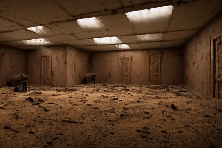 Prompt: inside of a room at Willy Wonka’s chocolate factory where bodies are burnt, film still from the movie directed by Denis Villeneuve with art direction by Zdzisław Beksiński, wide lens