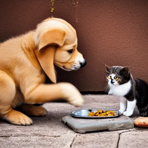 Image similar to photography of a puppie giving some food to baby cat, animal photography, award winning photography by Leonardo Espina