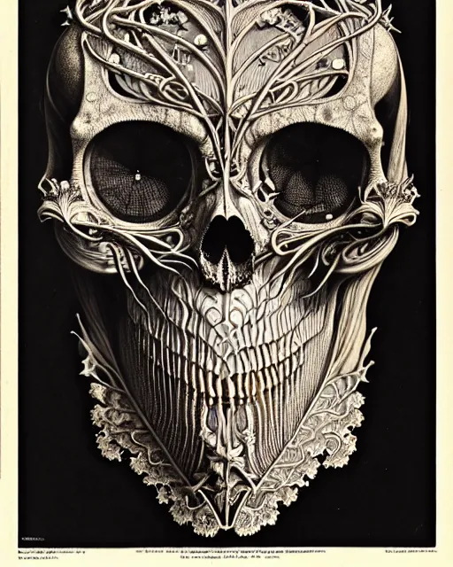 Image similar to art forms of nature by ernst haeckel, memento mori by arthur rackham, ornate antique porcelain beautiful skull mask, ultrasharp, photorealistic, hyperdetailed, octane render, polished, art nouveau, neo - gothic, gothic, intricate ornamental organic filigree, art nouveau botanicals, art forms of nature by ernst haeckel, horizontal symmetry, symbolist, visionary