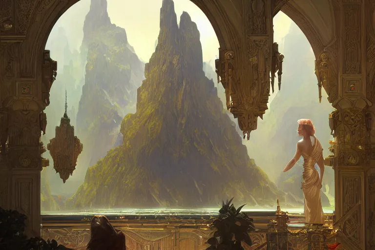 Image similar to backdrop of a high tech religious room with distant waterfalls and art deco statues, intricate digital painting artstation concept art smooth sharp focus illustration, art by artgerm and paul chadeisson and greg rutkowski and alphonse mucha