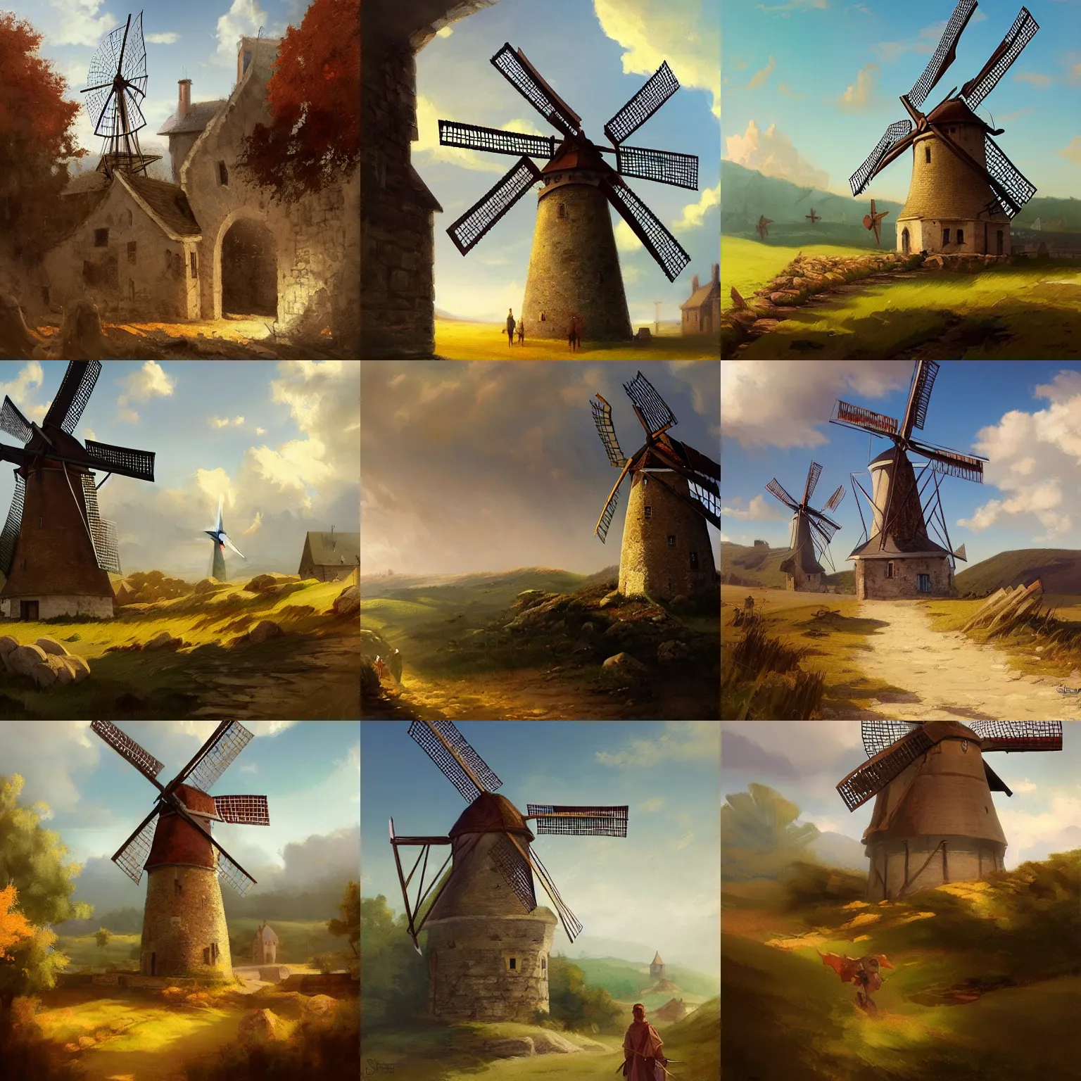 Prompt: windmill, very long shot, medieval french landscape, by stanley artgerm lau, wlop, rossdraws, frank frazetta, andrei riabovitchev, marc simonetti, tranding on artstation