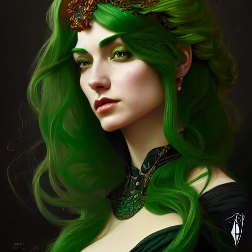 Image similar to aristocrat, green black orange color palette, black female, d & d, fantasy, intricate, elegant, highly detailed, long green hair, digital painting, artstation, octane render, concept art, matte, sharp focus, illustration, hearthstone, art by artgerm, alphonse mucha johannes voss