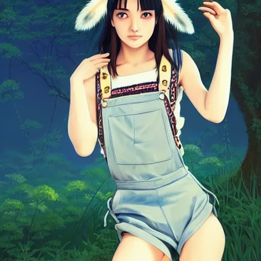 Image similar to a beautiful young japanese natalie portman alluring gravure model, wearing elegant designer overalls, elegant overalls with mesoamerican patterns, mesoamerican native street fashion, princess mononoke, by and wlop and ilya kuvshinov and artgerm and, aesthetic, gorgeous, stunning, alluring, attractive, artstation, pinterest, digital art