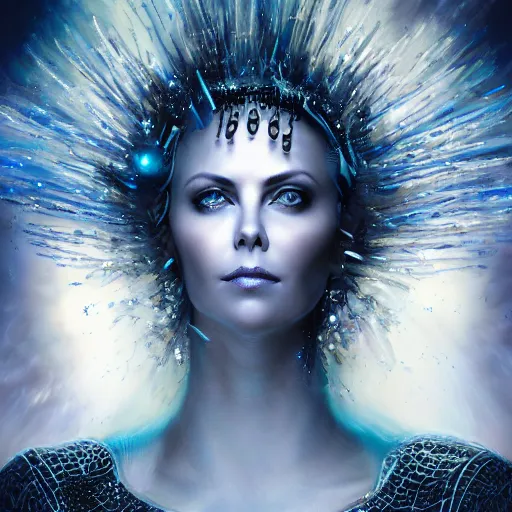 Prompt: masterpiece portrait of an aesthetic mage woman, ice spell, 3 0 years old woman, ( young charlize theron like ), black dynamic hair, wearing silver diadem with blue gems inlays, silver necklace, painting by joachim bergauer and magali villeneuve, atmospheric effects, chaotic blue sparks dynamics in the background, intricate, artstation, fantasy