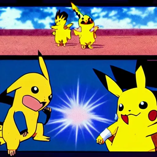 Prompt: pikachu fights against son goku in an arena, anime