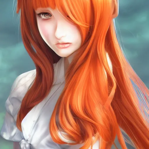 Image similar to luxury advertisement, astonishing portrait of a very beautiful anime high-school girl with light orange hair twintails, white ribbon, full perfect face, realistic, highly detailed background, artstation, 120 degree view, drawn by Sasoura, Satchely and Akihiko Yoshida, no distortion