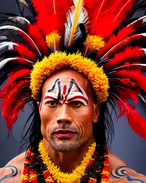 Image similar to photo of Dwayne Johnson as a Dramatic Theyyam male dancer with painted face wearing traditional theyyam costume in the style of stefan kostic, full body, feather native american headgear, realistic, sharp focus, symmetric, 8k high definition, insanely detailed, intricate, elegant, art by stanley lau and artgerm, Hajime Sorayama, William-Adolphe Bouguereau