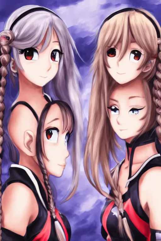 Image similar to two beautiful female fighters with pigtails facing each other, detailed anime art