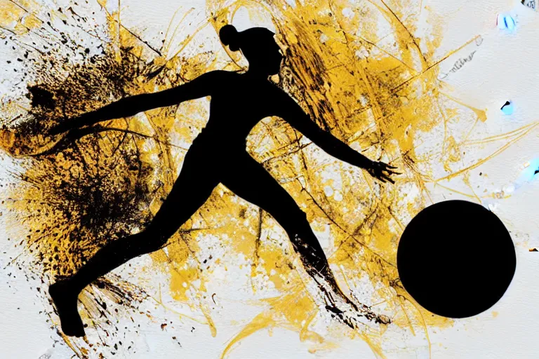 Prompt: beautiful serene volleyball player, healing through motion, life, minimalistic golden and ink airbrush painting on white background, smooth, pristine