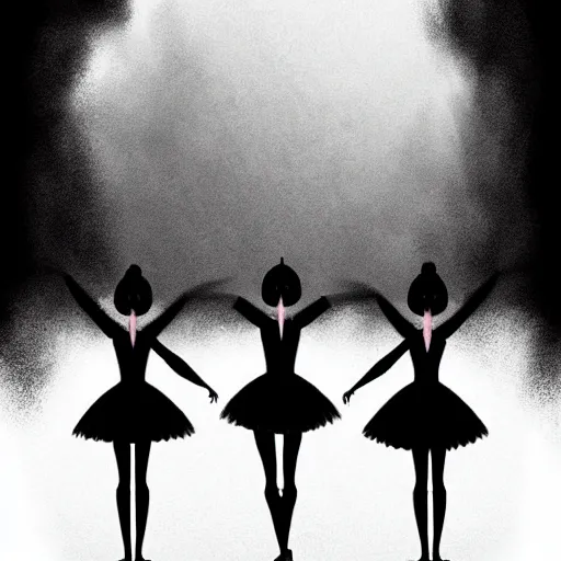 Image similar to a beautiful highly detailed matte painting of black devil ballerinas dancing on stage by atay ghailan, cliff chiang, loish and goro fujita, black, white and pink mystical tones, featured on artstation, featured on behance, grunge aesthetic, spooky