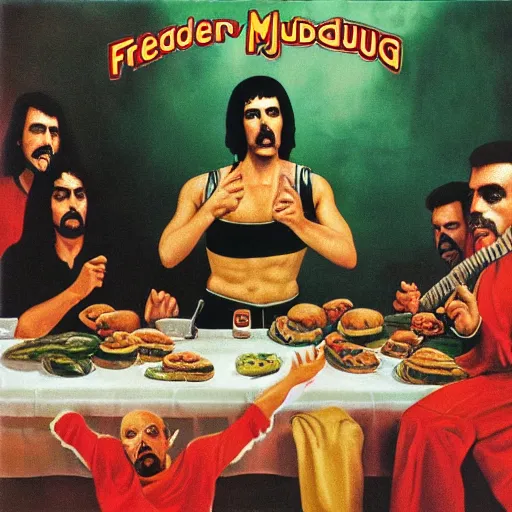 Image similar to album cover of freddie mercury in the last supper in the jungle eating hamburgers