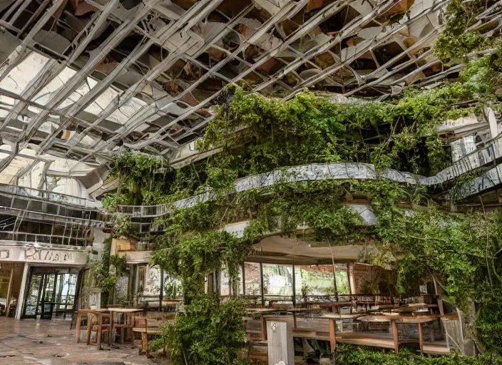 Prompt: a restaurant in an abandoned mall in the 1 9 8 0 s, taken over by nature, covered in vines