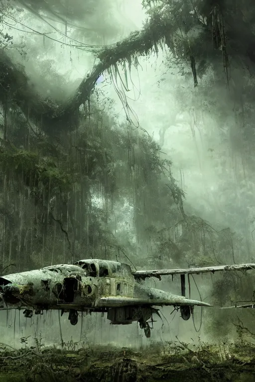 Image similar to decayed aircraft Nimitz laying on the ground overgrown with vegetation and hanging vines, post apocalyptic, tropical forest, by Luis Royo, by Greg Rutkowski, dark, gritty, intricate, cover illustration, concept art, volumetric lighting, volumetric atmosphere, sharp focus, octane render, trending on artstation, 8k,