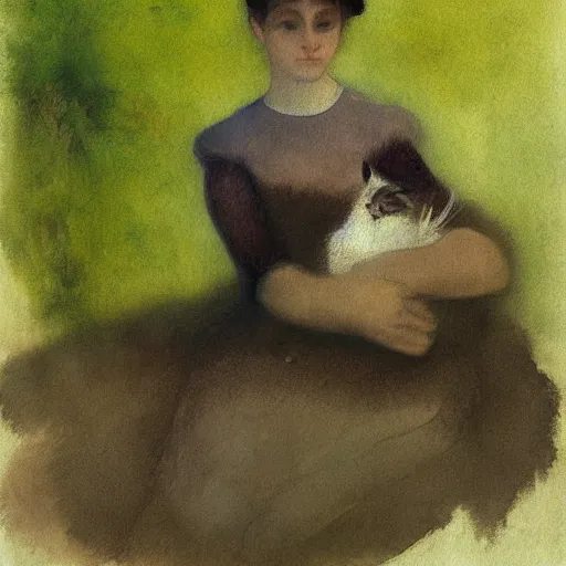 Image similar to Ciri holding a cat, art, minimalistic painting, watercolor on paper, high quality, by Edgar Degas, by Georges Seurat