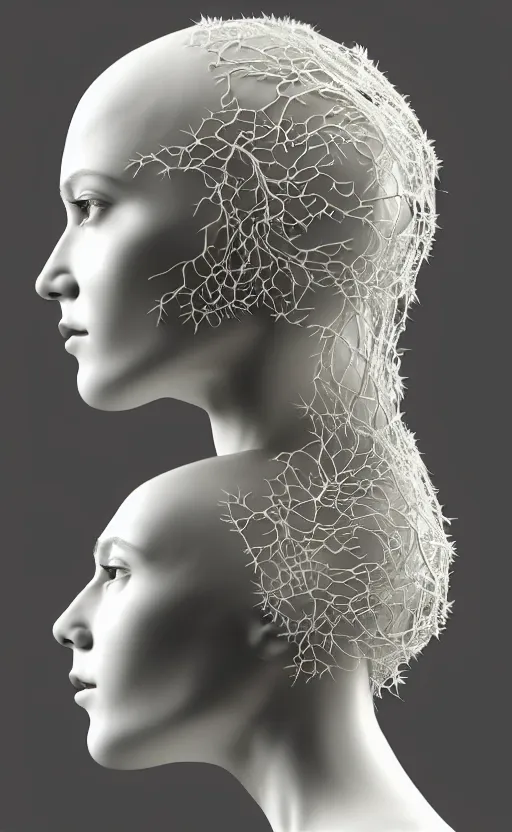 Image similar to complex 3d render of a beautiful porcelain profile woman face, vegetal dragon cyborg, 150 mm, beautiful natural soft light, rim light, silver details, magnolia leaves and stems, roots, fine lace, maze like, mandelbot fractal, anatomical, facial muscles, cable wires, microchip, elegant, highly detailed, white metallic armour, octane render, black and white, H.R. Giger style