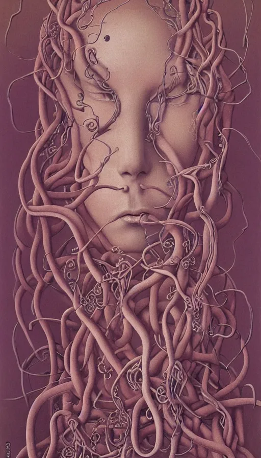 Prompt: very detailed portrait of a 2 0 years old girl surrounded by tentacles, the youg woman visage is blooming from fractal and vines, by zdzisław beksinski