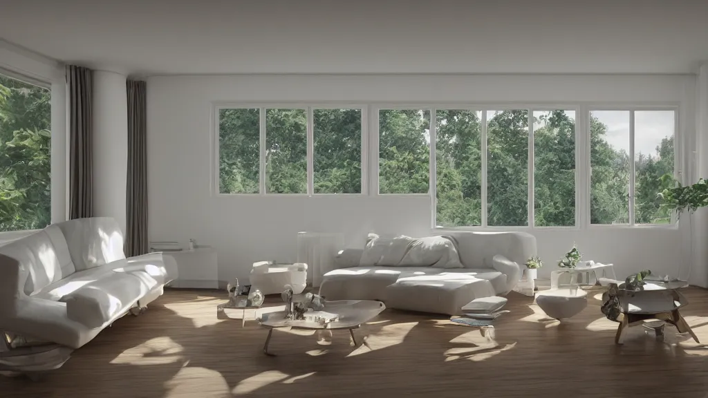 Prompt: a wide angle, utopian dreamy retrofuturistic living room, wabi - sabi, white smooth plastic walls, windows to foggy garden by vincent callebaut and james jean and nikita replyanski and mark ryden, vray render 4 k