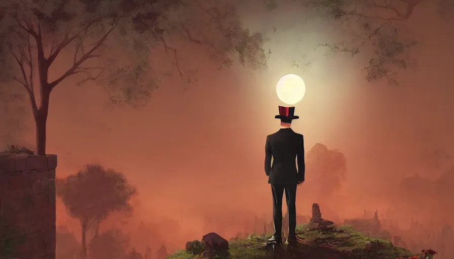 Image similar to ilya kuvshinov illustration of a gentleman in a suit and top hat watching the moon shine over the overgrown valley with ancient ruins reclaimed by nature, hazy and misty, magical feeling, night, stars uhd, high detail, by ilya kuvshinov