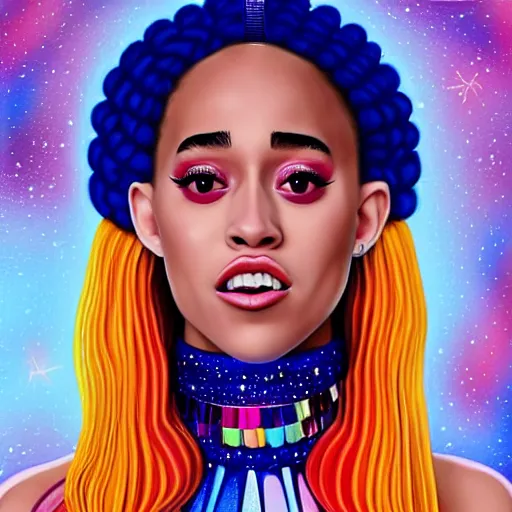 Image similar to paparazzi photo of Doja Cat on basketball court in outer space, beautiful beautiful beautiful beautiful beautiful beautiful beautiful digital art, a full body portrait, looking at camera, D&D, choker on neck, stylish, very long flowing hair, intricate, elegant, stylish, cute slightly nerdy smile, mouth slightly open, fantasy, extremely detailed, digital painting, artstation, concept art, smooth, sharp focus, illustration, stunning lighting, art by artgerm and greg rutkowski and alphonse mucha and simon stalenhag