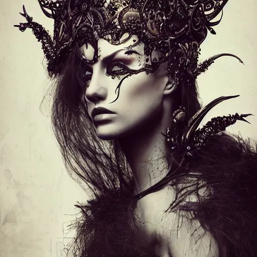 Prompt: a portrait of female model by stefan geselle and nekro borja, photorealistic, intricate details, hyper realistic, dark fantasy, ornate headpiece, dark beauty, photorealistic, canon r 3, photography, wide shot, glamour pose, surrealism