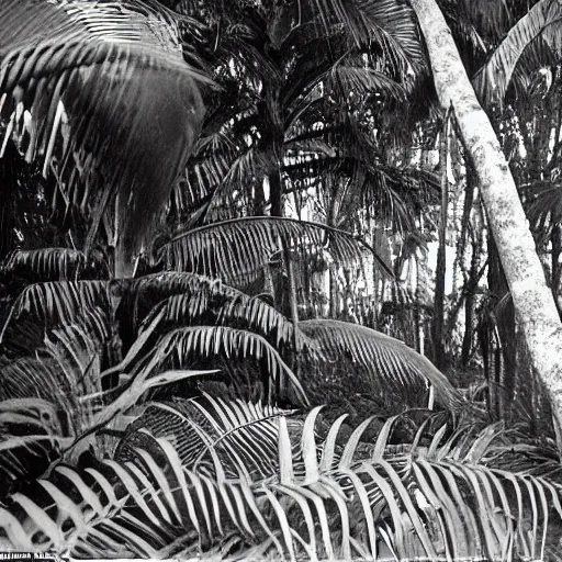 Image similar to a rizom lost film footage of a complex volume in the middle of the tropical jungle / tropicalism / tropicalism / tropicalism / film still / cinematic / enhanced / 1 9 2 0 s / black and white / grain