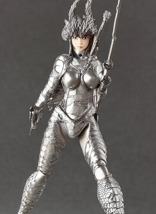 Image similar to 80mm, resin detailed model figure of a female wearing a silver dragon armor