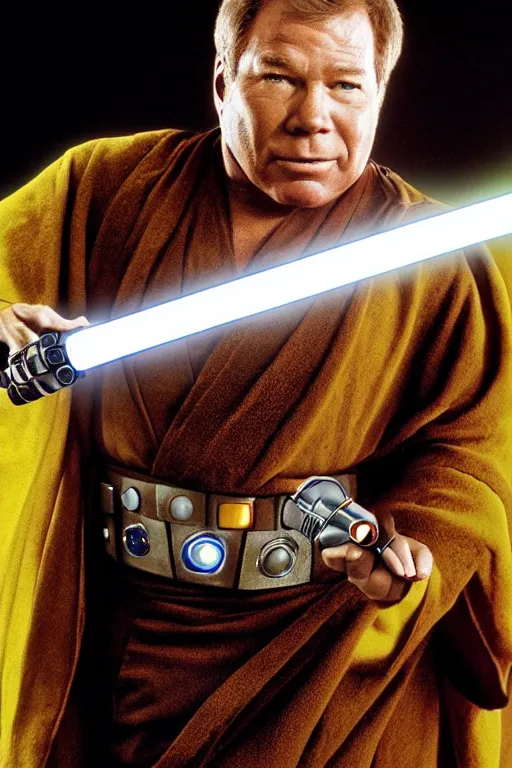 Prompt: photorealistic!! william shatner as a jedi knight, brown jedi robe, holding a yellow lightsaber, film quality