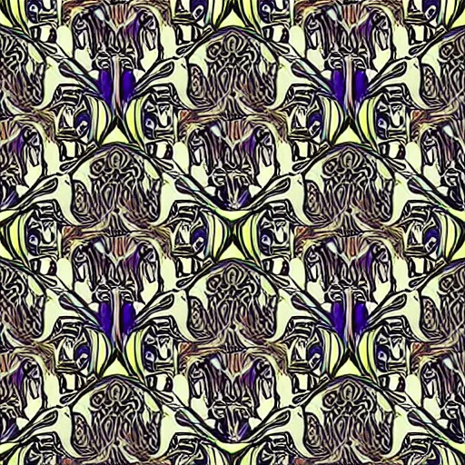 Image similar to Seamless Art Nouveau pattern, hyper-realistic Art nouveau pattern in style of Alphonse Mucha, Antoni Gaudi and Rene Lalique, seamless damask pattern, hyperdetailed curvy and swirly motifs, supersharp, hypermaximalist, smooth gradients