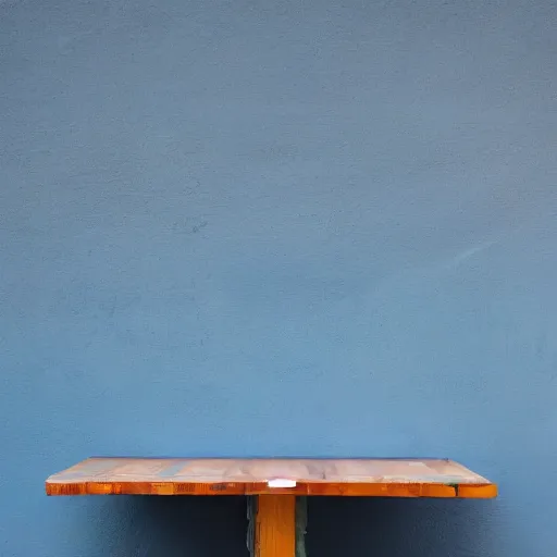 Prompt: table in front of a blue background b8fff7