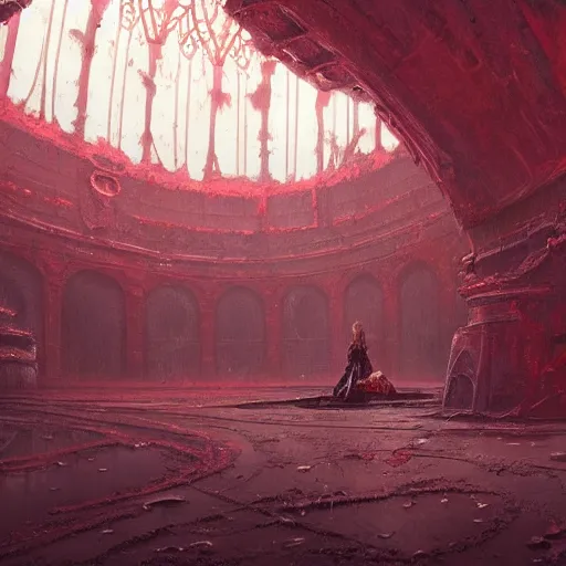 Image similar to concept art by greg rutkowski, a futuristic large inner garden under a great dome, desolate, covered in reddish slime on all sides, uncanny atmosphere, low light, scary atmosphere, scifi, highly detailed portrait, digital painting, artstation, concept art, smooth, sharp foccus ilustration, artstation hq