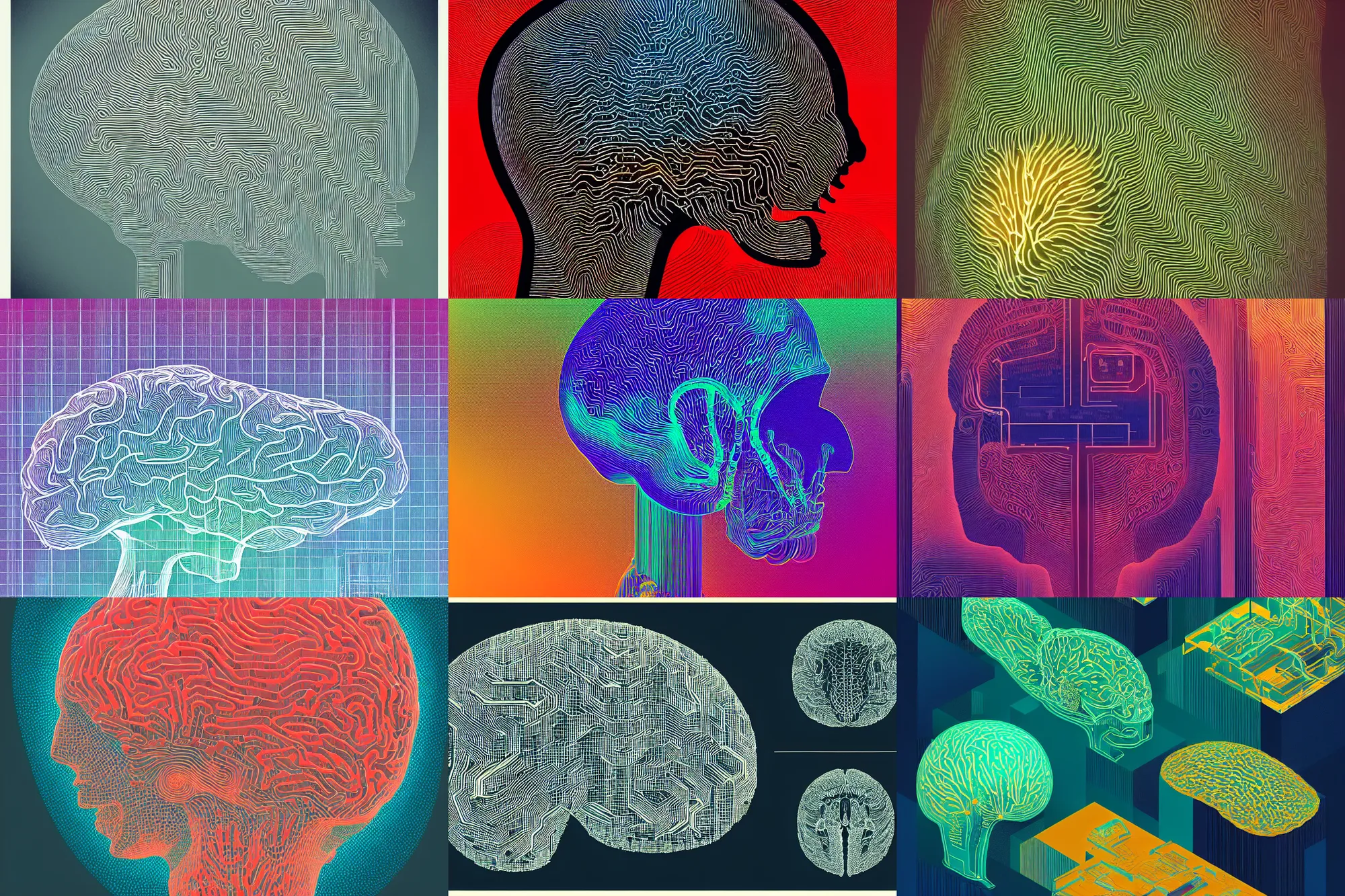 Prompt: ( ( dither ) ), editorial illustration ct scan slices of a brain, linked with circuits, isometric, modern art deco, ( ( mads berg ) ), christopher balaskas, victo ngai, rich grainy texture, detailed, dynamic composition, wide angle, matte print, art nouveau, unreal engine