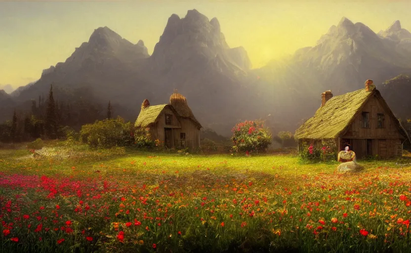 Prompt: beautiful flower field with a cottage in the distance, close up shot, rocky, at dusk, distant mountains, 4k, rule of thirds, extreme detail, hazy, intricate ink illustration, surreal, surrealist, trending on artstation, cgsociety, hd, calm, complimentary colours, realistic lighting, by Albert Bierstadt, Frederic Edwin Church.