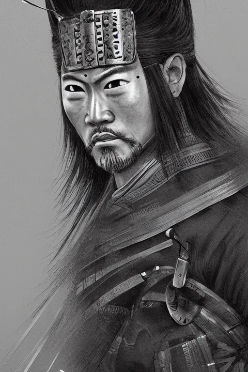 Image similar to native japanese samurai, focused stare, partially masked, highly detailed, photorealistic render, digital painting, trending on artstation, character design, overcast weather