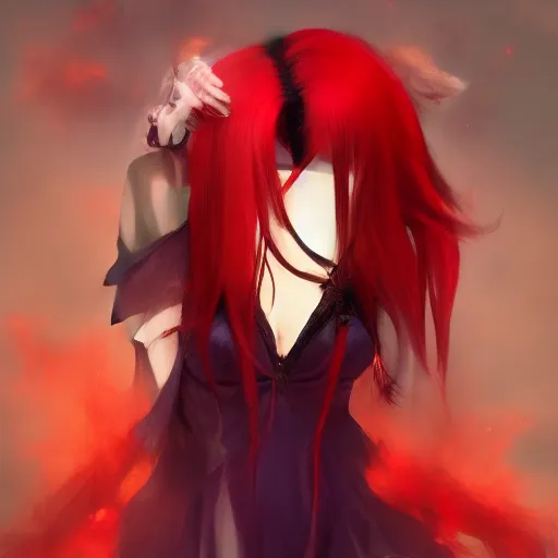 Prompt: advanced digital anime art, a very cute and gorgeous succubus , goth dress ,full body, very long wavy fiery red hair, braided hair, white highlights in hair, fiery red watery eyes, full round face, amazing depth, highly detailed, trending on pixiv, Artstation, DeviantArt, Steven Artgerm Lau, WLOP, RossDraws, RuanJia, James Jean, Andrei Riabovitchev, Totorrl, Marc Simonetti, Laura Sava, Visual Key, and Sakimichan