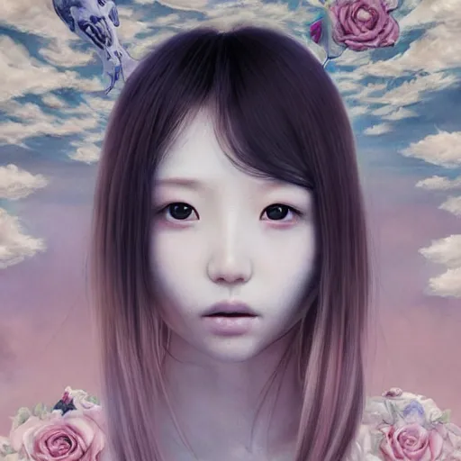 Prompt: 💀👨‍🚀 Portrait by Miho Hirano, Ross Tran and Ilya Kuvshinov, realistic, detailed, white, light pink tonalities, beautiful collage technique including flora, sea, wind, ornate sea background, beautiful Fantasy detailed trending on artstation, oil painting,Dramatic lighting, eterea , high quality print, fine art with subtle redshift rendering