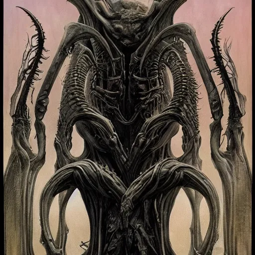 Image similar to a beautiful death metal cover art by Wayne Barlowe and H R Giger and Bill Ellis, trending on artstation