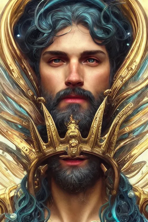 Image similar to portrait Poseidon god of sea with crown, sci-fi, fantasy, intricate, very very beautiful, elegant, highly detailed, digital painting, artstation, concept art, smooth, sharp focus, illustration, art by artgerm and greg rutkowski and alphonse mucha