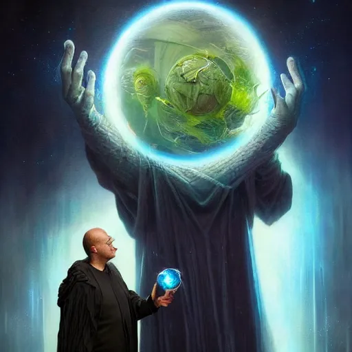 Image similar to the creator of worlds wearing a cloak and holding a holographic planet projection in his hand, detailed, sci - fi, digital painting, artstation, sharp focus, illustration, ominous, artgerm, tomasz alen kopera, peter mohrbacher, donato giancola, joseph christian leyendecker, wlop, frank frazetta