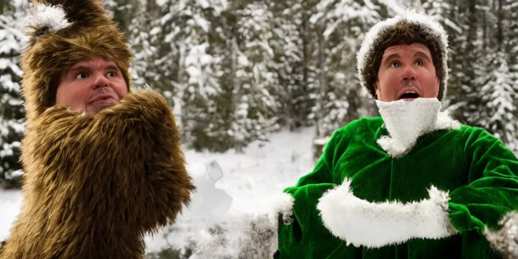 Prompt: ultra wide angle photo of will ferrel dressed as buddy the elf, from the movie elf, looking at himself in a bathroom mirror and seeing his reflection as bumble, the abominable snow monster from the north