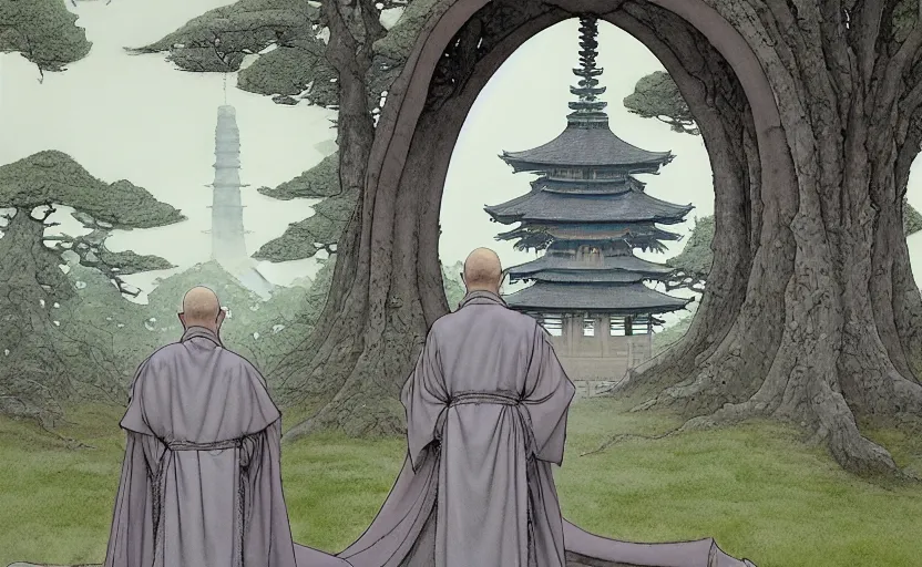 Image similar to a hyperrealist watercolour concept art of a dimensional time portal in the shape of an arch of trees. a medieval monk in grey robes is in the foreground. a japanese temple is in the background. very muted colors, post grunge, by rebecca guay, michael kaluta, charles vess and jean moebius giraud. high detail, hq, wide shot, 4 k